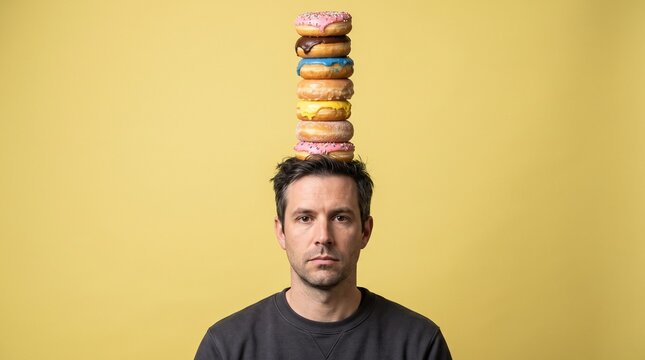 Serious man balancing a tall stack of colorful glazed donuts on his head over yellow background