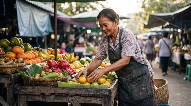 Asian street market vendor arranging fresh oranges at a fruit stall
