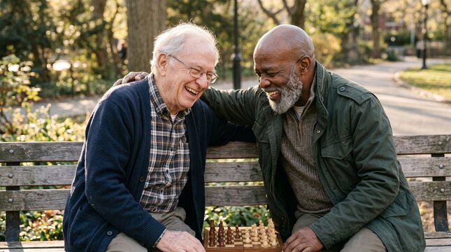 Two senior men laughing and playing chess together on a park bench