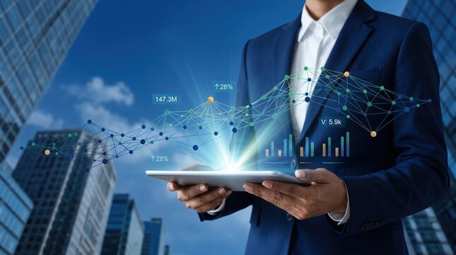 Businessman using tablet with augmented reality graph overlay, complex data analytics visualization, rising performance metrics
