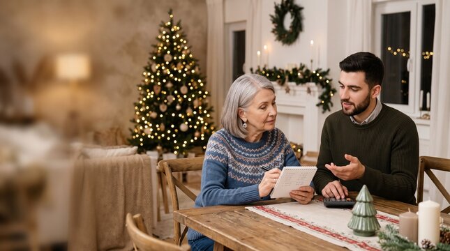 Elderly woman and young man calculating finances at Christmas