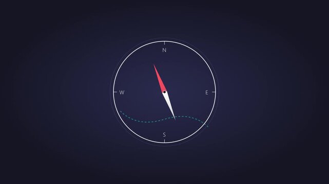 Minimalist Flat Design Compass Animation with Rotating Red and White Needle Pointing North on Dark Background for Travel, Navigation, Exploration, and Directional Concepts