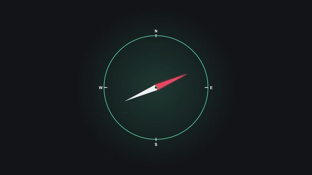 Animated minimalist digital compass icon with a red and white rotating needle on a dark background, featuring cardinal directions North South East and West for travel navigation and adventure.