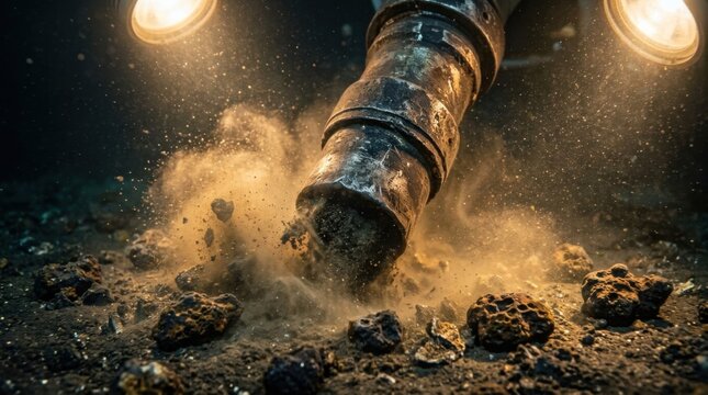 Underwater ROV suction dredge nozzle sifting through seafloor sediment, with illuminated silt and polymetallic particulates swirling under intense halogen floodlights.