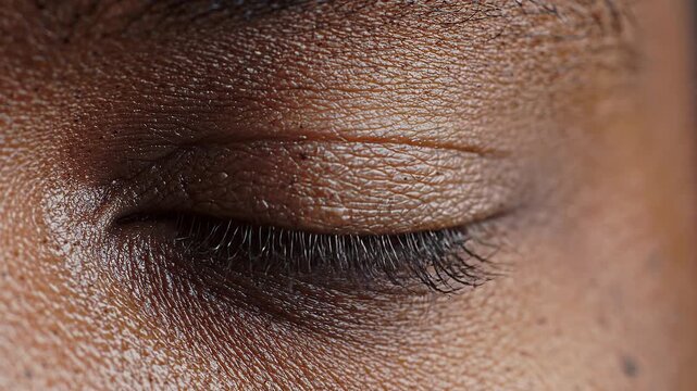 Extreme macro photorealistic cinematic footage of a beautiful human closed eye, dark skin
