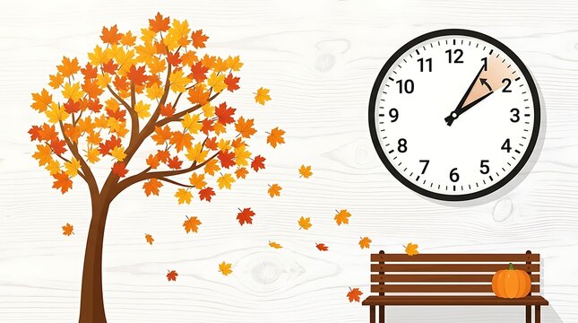Daylight Saving Time Ends Concept with Clock Moving Back 1 Hour, Autumn Tree and Pumpkin on Wood