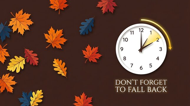 Autumn Daylight Saving Time Ends Reminder with Clock and Colorful Leaves, Don't Forget to Fall Back