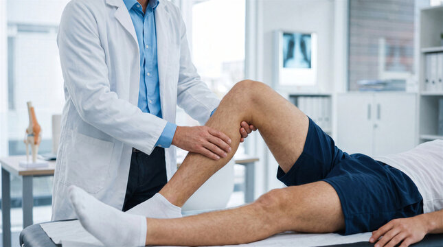 Doctor examining the knee of a patient in a medical office