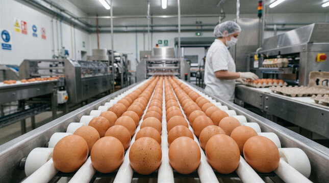 Industrial egg processing line with worker packing fresh eggs into cartons in a modern food production facility