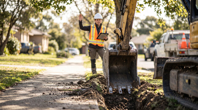 Construction worker in highvisibility vest and hard hat directing an excavator on a residential street during a utility project