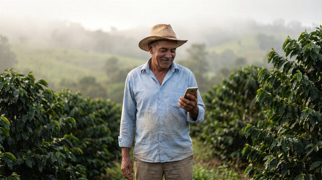 Senior farmer using a smartphone in a coffee plantation during a foggy morning in the countryside