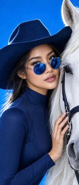 Western fashion portrait featuring a woman in a blue cowboy hat