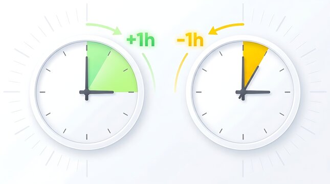 Daylight Saving Time Change Concept with Clocks Showing 1 Hour Spring Forward and 1 Hour Fall Back