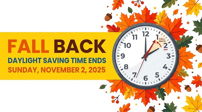 Fall Back Daylight Saving Time Ends November 2 2025 Gain 1 Hour with Analog Clock and Autumn Leaves