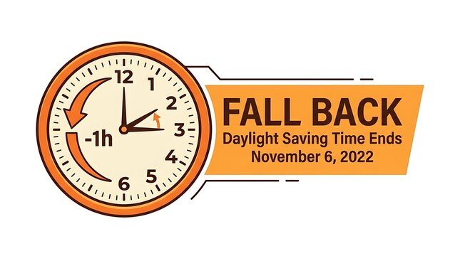 Daylight Saving Time Ends Concept with Fall Back Clock Adjusting 1 Hour Backward on November 6