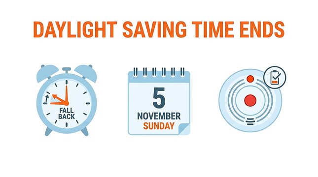 Daylight Saving Time Ends on Sunday November 5 with Fall Back Alarm Clock and Smoke Detector Icon