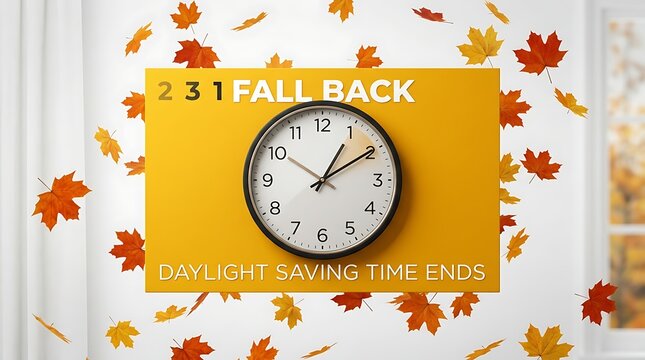 Daylight Saving Time Ends Fall Back Concept with Analog Clock and Autumn Maple Leaves 1 Hour Back