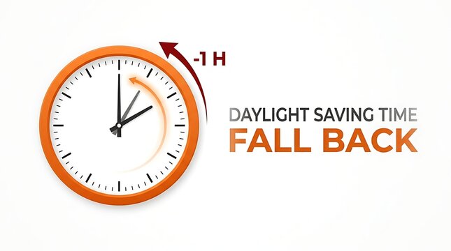 Daylight Saving Time Fall Back Concept with Analog Clock and 1 Hour Time Change on White Background