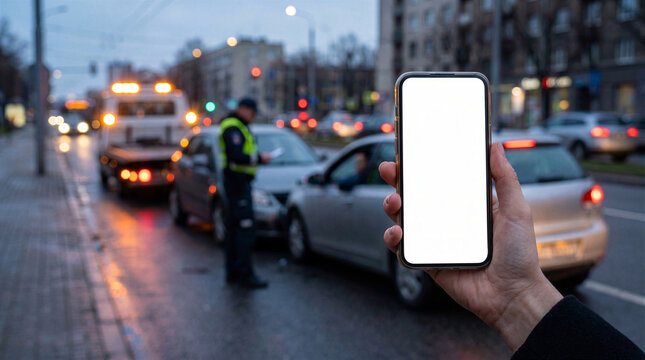 Person holding a smartphone with a blank white screen at the scene of a car accident on a city street at dusk