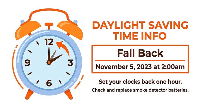 Daylight Saving Time Fall Back Graphic Set Clocks Back 1 Hour for November 5 2023 at 2 am