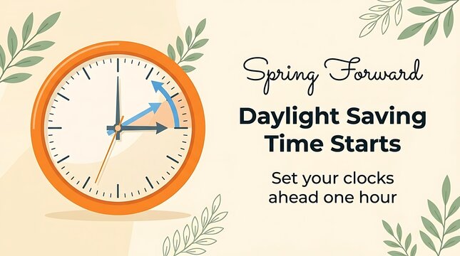 Spring Forward Daylight Saving Time Starts Reminder with Clock Moving Ahead One Hour and Leaves