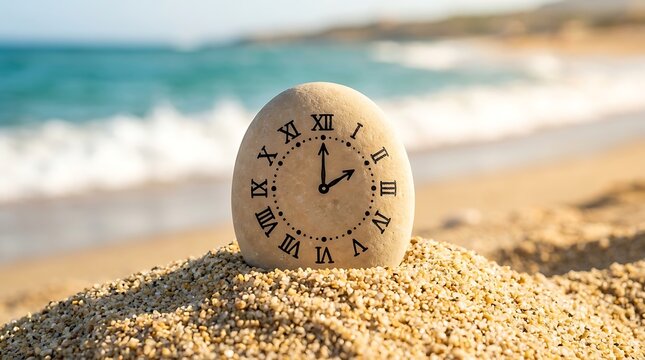 Stone with Roman Numeral Clock Face Showing 2 O'Clock on Sunny Tropical Sandy Beach with Sea Waves