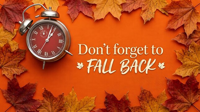 Daylight Saving Time Fall Back Reminder with Vintage Alarm Clock and Autumn Maple Leaves on Orange