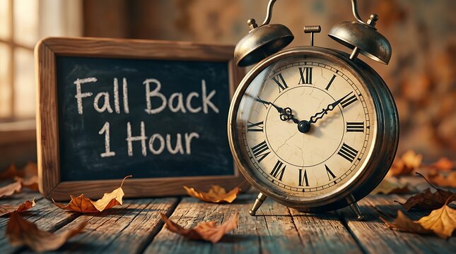 Vintage Alarm Clock and Chalkboard Reminder to Fall Back 1 Hour for Daylight Saving Time Autumn Season