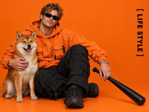 Casual lifestyle featuring young man shiba inu dog baseball bat and