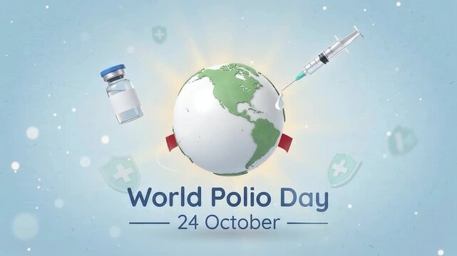 Creative medical illustration with globe, syringe, and vaccine bottle representing global health, polio eradication, and immunization campaign