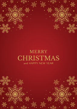 Luxury red christmas greeting card template with gold snowflake corner frame border and text space