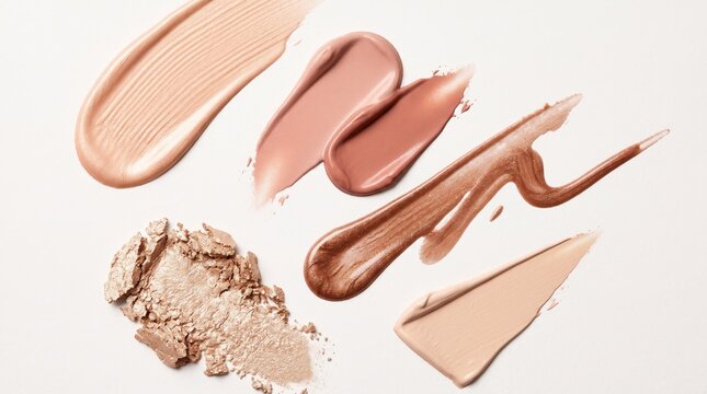 Cosmetic makeup swatches on white background featuring foundation, liquid concealer, shimmering highlighter, pressed powder texture and creamy blush tones. Beauty product palette