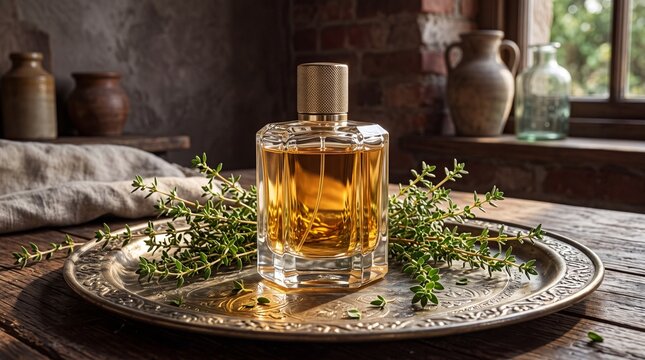 Glass perfume bottle on a tray surrounded by fresh herbs in natural light