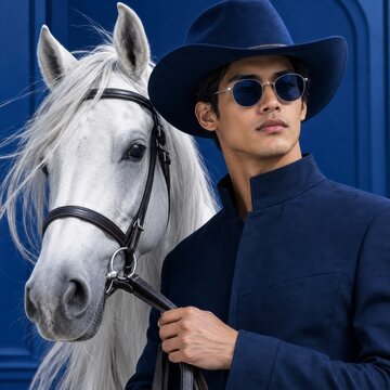 Equestrian elegance with man in stylish cowboy hat holding white