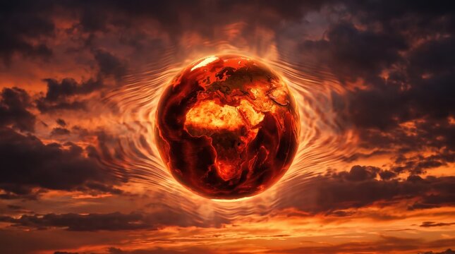 Apocalyptic concept of a burning, molten Earth globe floating in a dark, cloudy sky with intense orange and red flames, symbolizing global warming, climate change disaster