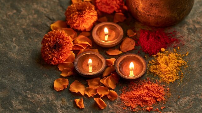 Top View of Deepavali Decorations with Glowing Oil Lamps and Vibrant Rangoli Powder