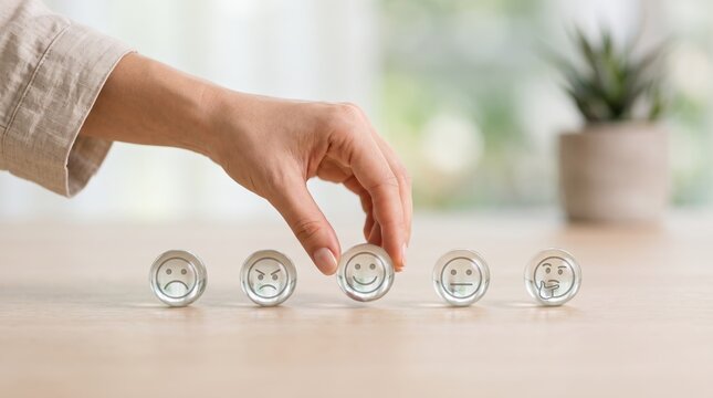 Close-up of a person's hand selecting a happy face button from a row of customer satisfaction rating options, representing feedback