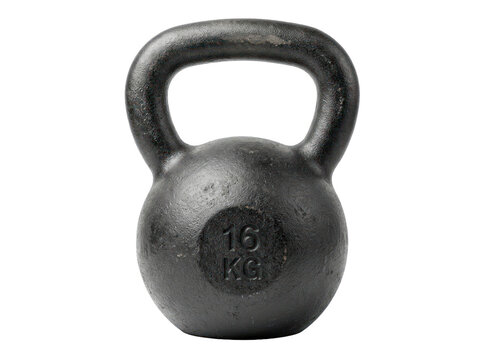 Black 16 kg kettlebell isolated on transparent background
