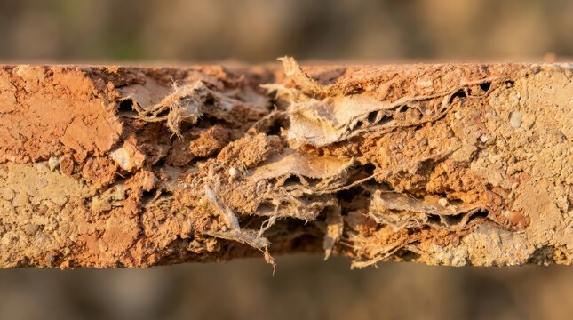 Cross section of fractured bio-composite earth panel displaying compressed loam matrix interwoven with recycled cardboard pulp fibers and dried mineral binder for natural masonry construction.