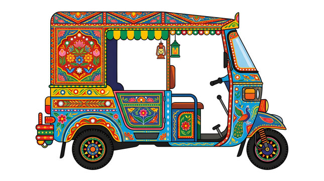 Colorful Pakistani Truck Art Auto Rickshaw Illustration, Traditional Decorated Tuk Tuk Vehicle, Asian Street Transport Vector Isolated