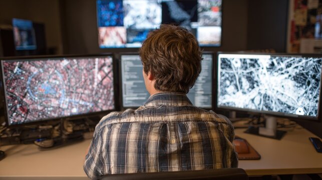 Researcher analyzing public data on multiple screens employing opensource intelligence methods to extract valuable insights for investigation purposes.