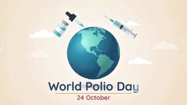 World Polio Day awareness banner with globe syringe and vaccine dropper illustration for global eradication campaign