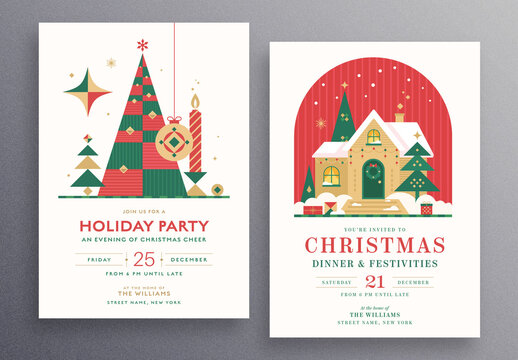 Christmas Party Invitation Templates with Geometric Holiday Illustrations