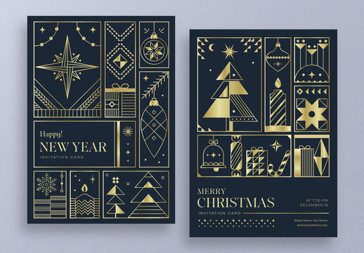 Christmas and New Year Invitation with Gold Art Deco Design