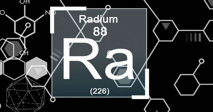 Displaying Radium element tile showing Ra symbol and atomic number 88 in dark schematic