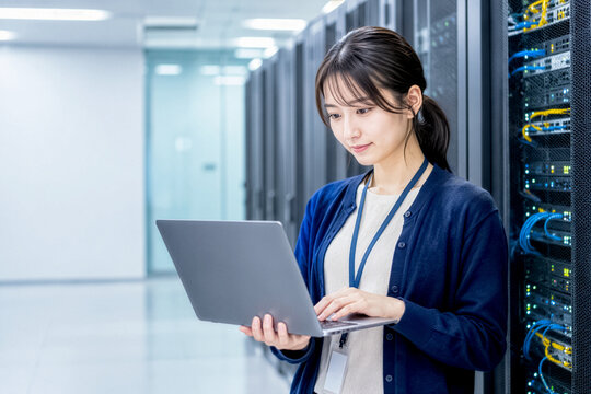 データセンターでノートパソコンを操作するサーバー管理の女性エンジニア