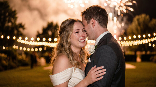 Emotional bride crying with joy while dancing with groom during wedding reception with fireworks and string lights in background