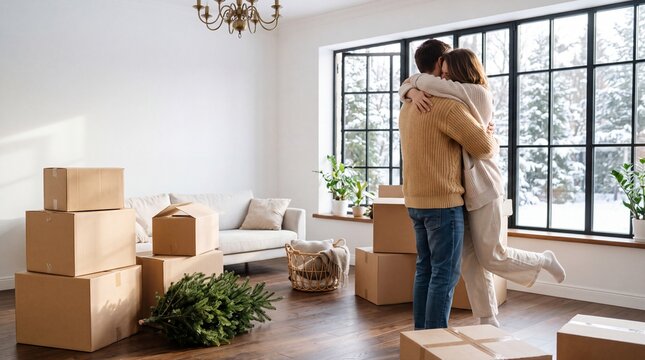 Happy young couple embracing in their bright new home living room surrounded by cardboard moving boxes and an unpackaged Christmas tree on a winter day.