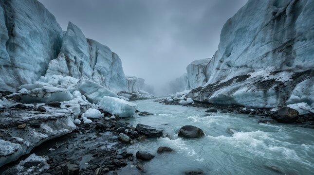 Glacial river flows between ice formations under an overcast sky