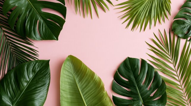 Summer Tropical Monstera Palm and Banana Leaves Botanical Background